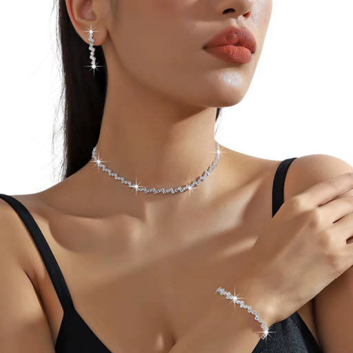 Conjunto de 3 peças de joias brilhantes Colar Pulseira Brincos Liga de cobre Minimalista leve luxo para mulheres