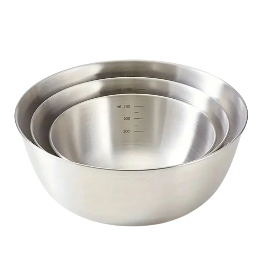 Conjunto de 3 taças de aço inoxidável para cozinhar com marcas de volume Taças de cozinha em aço inoxidável Taças de mistura para massa Ingredientes e preparação de pratos