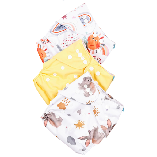 Conjunto de 3 unidades de fraldas de pano para bebés com bolso 3–15 kg Padrão coelhinho arco-íris e amarelo Impressão PUL impermeável Camurça