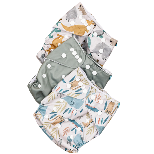 Conjunto de 3 unidades de fraldas de pano para crianças com bolso 3–15 kg Padrão dinossauros e animais Fraldas ecológicas laváveis Interior em camurça Impermeável PUL estampado