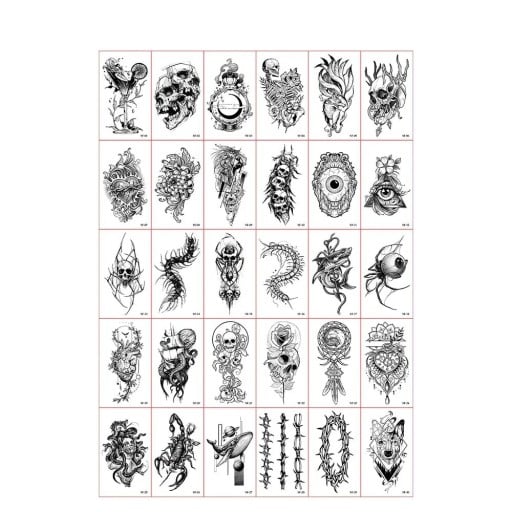 Conjunto de 30 unidades de tatuagens temporárias 5,7 x 9,7 cm em preto e branco com caveiras, olhos, animais, insetos, espinhos e motivos de fantasia