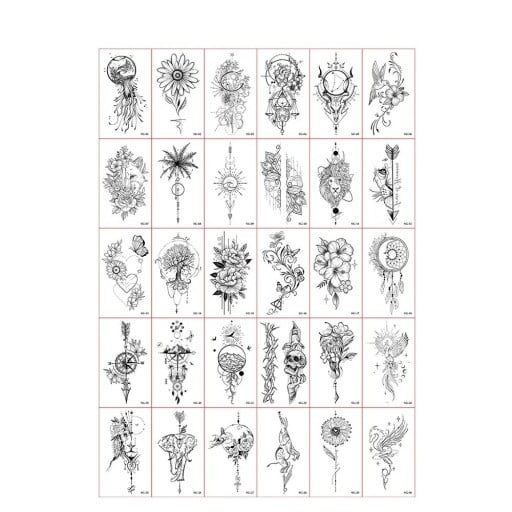 Conjunto de 30 unidades de tatuagens temporárias 5,7 x 9,7 cm em preto e branco com ornamentos, flores, animais, apanhadores de sonhos, motivos