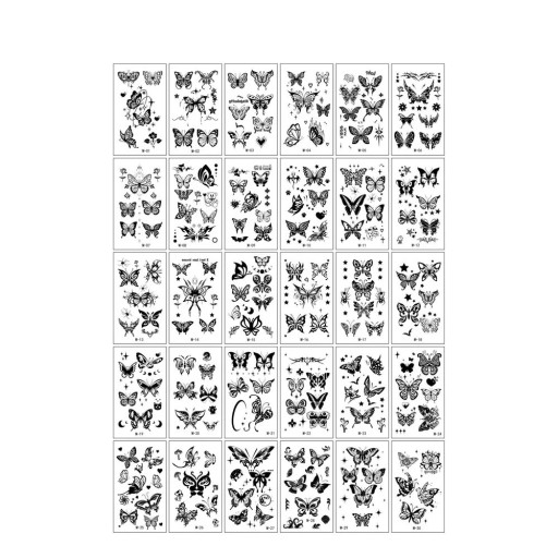 Conjunto de 30 unidades de tatuagens temporárias 5,7 x 9,7 cm motivos em preto e branco de borboletas e flores para decoração corporal em várias ocasiões