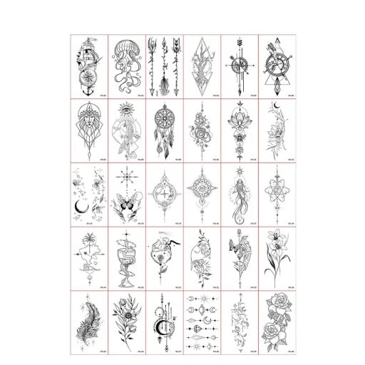 Conjunto de 30 unidades de tatuagens temporárias 5,7 x 9,7 cm motivos em preto e branco padrões geométricos mandalas apanhadores de sonhos flores