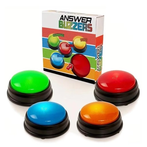 Conjunto de 4 botões de sinalização para jogos Botões de jogo interativos Sinal sonoro e luminoso Jogo para múltiplos jogadores Questionários Competições Atividades educativas