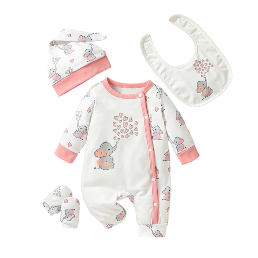 Conjunto de 4 piezas para niños con estampado de animales Manga larga Cuello redondo Mono con botones Babero Gorro Guantes Algodón Poliéster Elastano Conjunto de 4 piezas para niños con estampado de animales Manga larga Cuello redondo Mono con botones Babero Gorro Guantes Algodón Poliéster Elastano