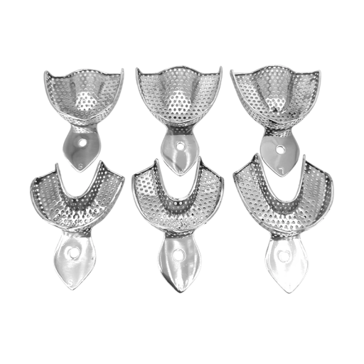 Conjunto de 6 pcs de bandejas para impressões dentárias em aço inoxidável, 3 tamanhos de colher de impressão superior e inferior para uso odontológico