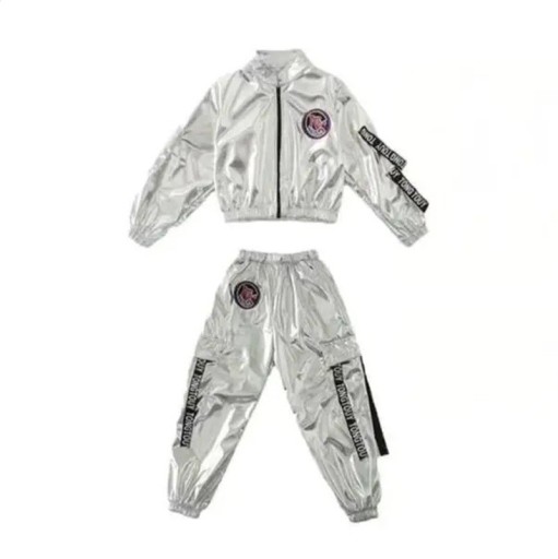Conjunto de baile para niñas, chaqueta y pantalones de hip hop, conjunto metálico plateado de poliéster con parche para street dance y actuaciones