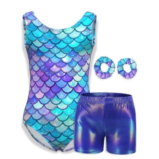 Conjunto de baile para niñas con body azul con estampado de escamas de sirena, pantalones cortos brillantes y 2 gomas para el cabello, poliéster y elastano
