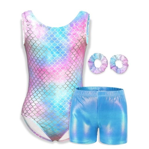 Conjunto de baile para niñas en rosa y azul con diseño de escamas de pez, pantalones cortos brillantes y 2 gomas para el cabello, poliéster y elastano