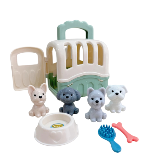 Conjunto de brinquedos de plástico para crianças Caixa de transporte para cães Figuras de cães com tigela, escova e osso Jogo de cuidador