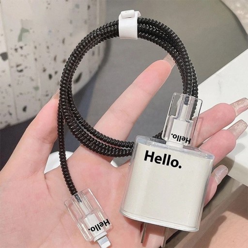 Conjunto de capa protetora de silicone para carregador e cabo de iPhone Design transparente com a inscrição Olá e proteção dos conectores