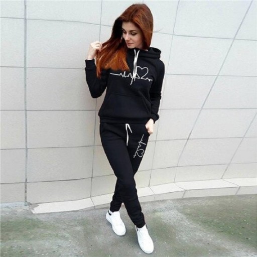 Conjunto de chándal para mujer Sudadera con capucha y pantalones deportivos Estampado de corazón con línea de pulso Bolsillo tipo canguro