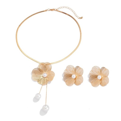 Conjunto de choker para dama con pendientes Flor Detalles de perlas Cadena ajustable 42,5 cm + pendientes 5x5 cm Joyería elegante