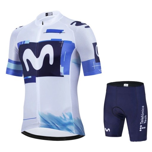Conjunto de ciclismo blanco y azul para hombre – maillot de manga corta con cremallera y pantalones cortos, con diseño abstracto, para ciclismo, deporte y actividades
