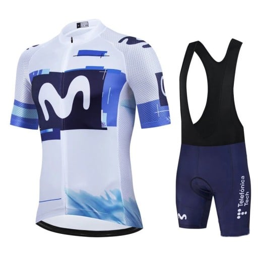 Conjunto de ciclismo masculino blanco-azul – maillot de manga corta con cremallera y pantalones cortos con tirantes, con un diseño abstracto, para ciclismo y deporte
