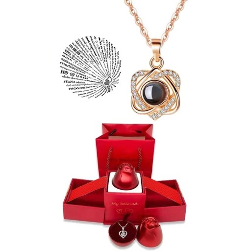 Conjunto de colar projetor Corações Unidos Cadeia de Titânio Pendente de Cobre Projeção Amo-te em 100 línguas Caixa de Rosa