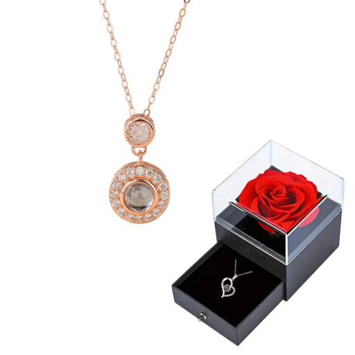 Conjunto de colar projetor Eu amo-te em 100 línguas Pingente de cobre Corrente de titânio Caixa de presente com rosa Presente romântico