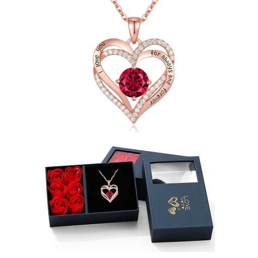 Conjunto de collar de corazón de circonita con piedra preciosa Caja azul oscuro con 6 rosas Joyas de lujo Regalo romántico para mujer