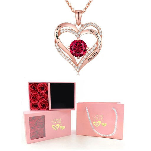 Conjunto de collar de corazón de circonita con piedra preciosa Caja rosa de 6 rosas Bolsa de regalo rosa Regalo romántico para mujer
