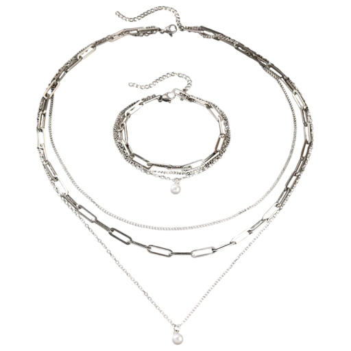 Conjunto de collar y pulsera de cadenas de múltiples capas de acero inoxidable con perlas delicadas Joyas de lujo para mujeres accesorio