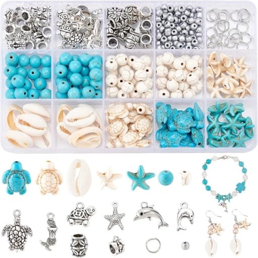 Conjunto de contas de massa polimérica Temas marinhos contas redondas conchas estrelas do mar tartarugas golfinhos Criação criativa de pulseiras colares pendentes