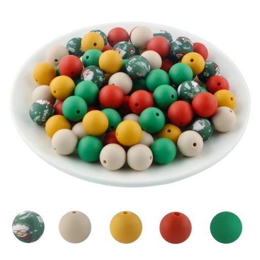 Conjunto de contas de silicone redondas 15 x 15 mm 20 pcs em cinco cores de Natal com 4 unidades cada para a produção de pulseiras, colares, pendentes e decorações