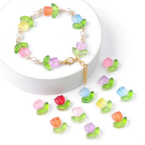 Conjunto de contas de vidro tulipa 9x9x0,8 mm flor e 7x14x0,8 mm folha 20 pcs Contas de duas partes feitas à mão em cores misturadas aleatoriamente para a criação de joias
