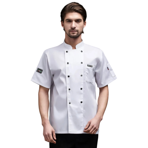 Conjunto de cozinheiro blusa de manga curta avental bolsos botões poliéster roupa de trabalho na cozinha vestuário gastronómico