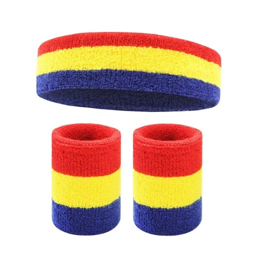 Conjunto de diadema y dos muñequeras deportivas en colores vibrantes. Material absorbente de algodón para correr, entrenar, ciclismo y deportes de pelota.