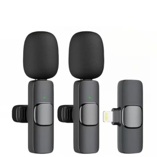 Conjunto de dos micrófonos de solapa inalámbricos 2.4G con receptor Lightning para iPhone con cancelación de ruido y posibilidad de carga mientras está en uso