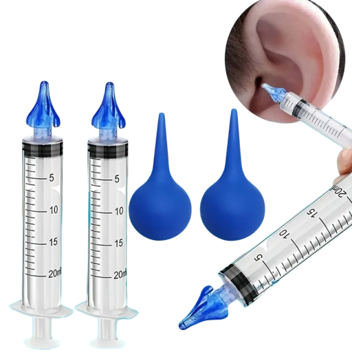 Conjunto de ferramentas para limpeza de ouvidos 2x seringa de lavagem 20 ml e 2x ferramenta de aspiração Lavagem com água e aspiração suave Pontas de silicone Reutilizáveis Cuidados higiénicos