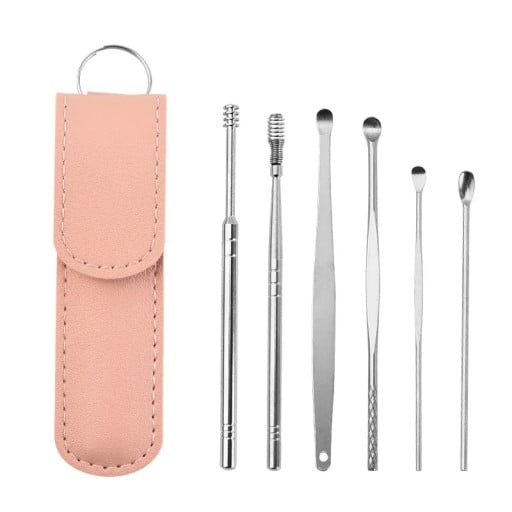 Conjunto de ferramentas para limpeza de ouvidos 6 pcs Aço inoxidável Escovas de ouvido higiénicas Colheres multiusos com estojo Ferramentas