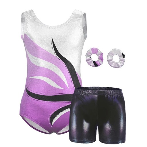 Conjunto de gimnasia para niña con body sin mangas, pantalones cortos brillantes y 2 gomas para el cabello, poliéster y elastano, para entrenamiento y competiciones