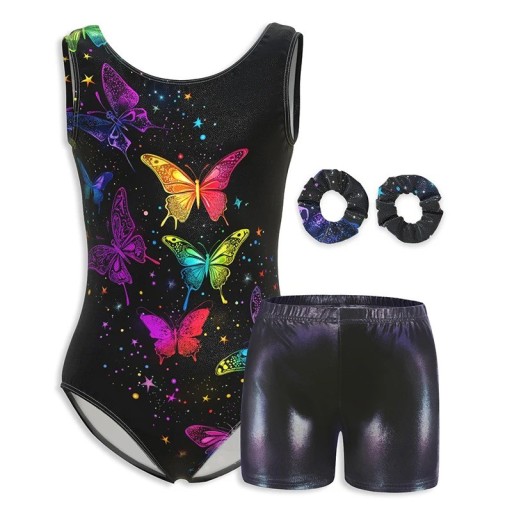 Conjunto de gimnasia para niñas body negro con estampado colorido de mariposas, pantalones cortos brillantes y 2 gomas para el cabello, poliéster y elastano