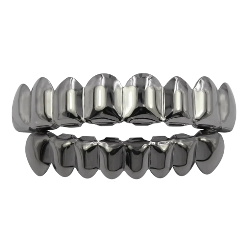 Conjunto de grelhas dentárias hip hop 7,5x1,2 cm e 5x1 cm Grillz superiores e inferiores com inserção em silicone Dentes brilhantes