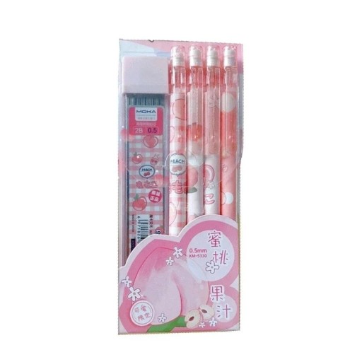 Conjunto de lápis mecânicos rosa Kawaii 0,5 mm 2B 4 lápis automáticos com minas de substituição Material de escritório escolar divertido
