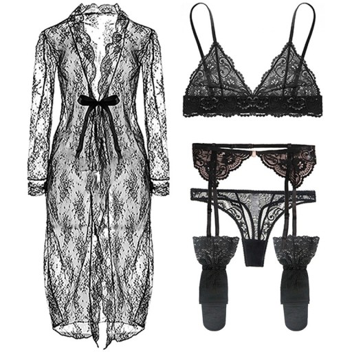 Conjunto de lencería de encaje para mujer con bata, sujetador, bragas, ligas y medias, poliamida, elastano, negro, para uso diario