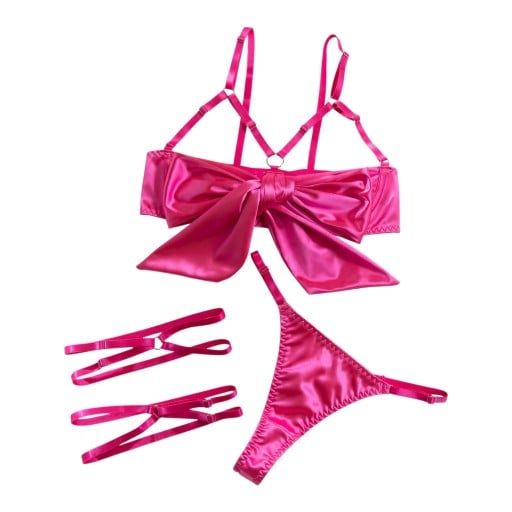 Conjunto de lencería de tres piezas para mujer, sujetador con gran lazo y escote de tiras, tanga con laterales ajustables y ligas