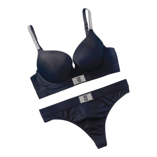 Conjunto de lencería para mujer con sujetador push up con tirantes de piedras y aplicación decorativa y tanga con cinturilla ancha