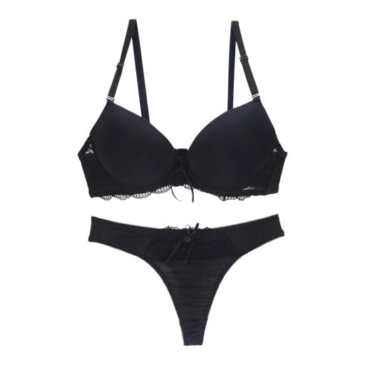 Conjunto de lingerie feminino de dois peças com sutiã de copas moldadas e renda e fio dental com renda e laço