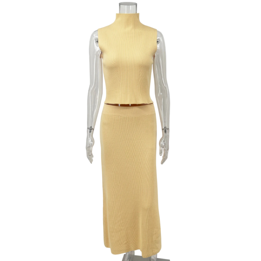 Conjunto de malha para senhora com top sem mangas e calças de sino em malha canelada tamanho universal em nylon e poliéster para o verão