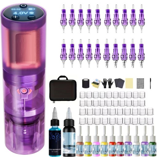 Conjunto de máquina de tatuagem sem fios 12 x 3,3 cm com display LED 8V 11000 rpm 1500 mAh Comprimento do curso 4,2 mm Conjunto profissional Estojo