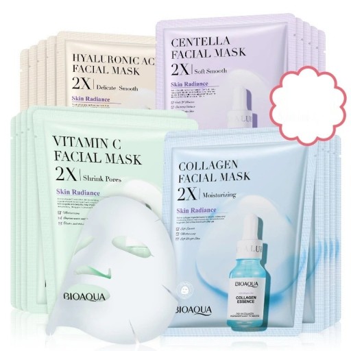Conjunto de máscaras faciais descartáveis 4 tipos Máscara de colagénio, máscara com Centella Asiatica, com vitamina C e com ácido hialurónico 20 unid