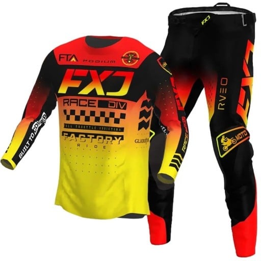 Conjunto de motocrós infantil com camisola e calças de mangas longas em poliéster e nylon vermelho-amarelo Unisex roupa infantil para motocrós e enduro