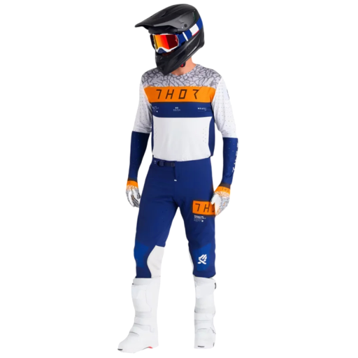 Conjunto de motocross masculino Thor – t-shirt branca e laranja de mangas longas e calças azuis em poliéster e nylon, para motocross e enduro