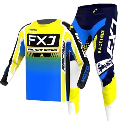 Conjunto de motocross para crianças: camisola e calças de mangas longas em poliéster e nylon amarelo-azul com elementos azul-escuros para motocross e condução de moto