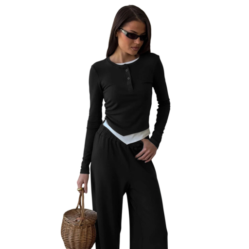 Conjunto de mujer camiseta de manga larga y pantalones Con tapeta de botones y escote redondo Cintura elástica Material algodón Para casa y uso diario
