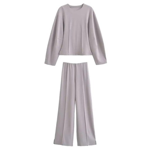 Conjunto de mujer camiseta de manga larga y pantalones Corte suelto de poliéster Escote redondo Pantalones anchos Ropa casual para casa y salir