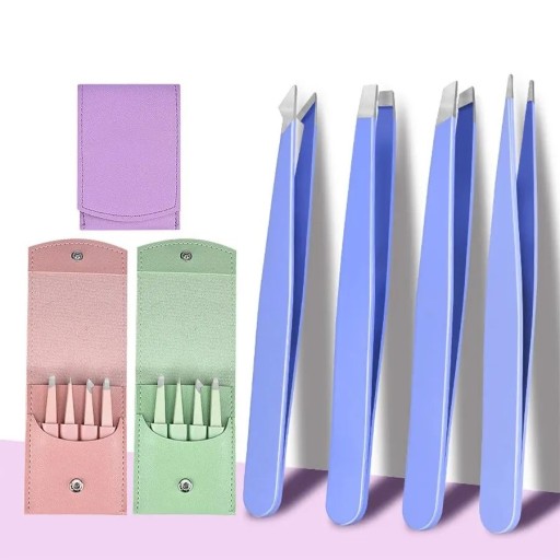 Conjunto de pinças cosméticas 4 pcs Pontas chanfradas e pontiagudas Comprimento 9,5 cm Aço inoxidável Estojo 10,2 x 7,3 cm Para sobrancelhas e pêlos individuais